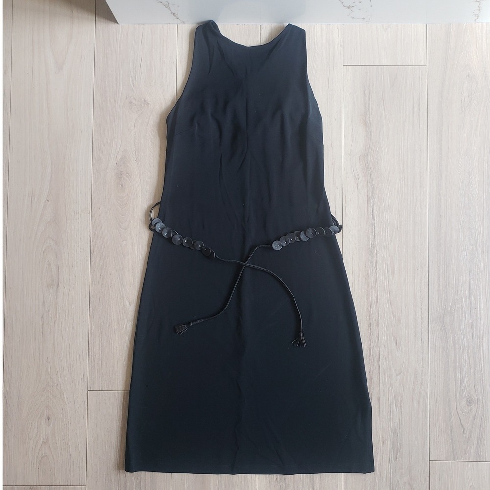 BCBGMAXAZRIA Dress Womens Large Black Belted Sleeveless‎ Midi Cocktail LBD